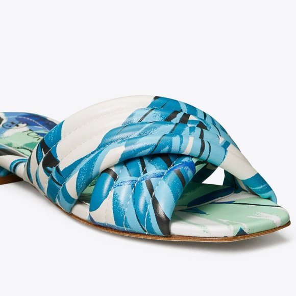 Tory Burch $278 LEATHER KIRA QUILTED FLAT SLIDE Blue Cream - Picture 3 of 10